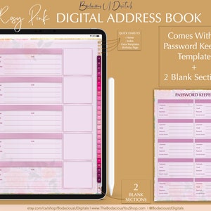 May include: A digital address book with a pink floral design. The book includes a password keeper template and two blank sections. The text "Rosy Pink DIGITAL ADDRESS BOOK" is at the top of the image.