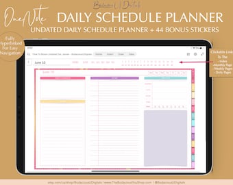 Può includere: Uno screenshot di un planner giornaliero digitale su un tablet. Il planner è rosa e bianco con un calendario in alto e un programma giornaliero in basso. Il planner è completamente ipercollegato per una facile navigazione. Il testo "Time To Bloom Undated Daily Planner - BodaciousUDigitals" è in alto sullo schermo.