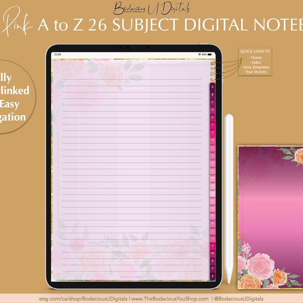 A to Z 26 Subject Digital Notebook, Rozy Pink Digital Student Notepad, PDF Journal with Tabs, for GoodNotes, Notability, Xodo, iPad, Android