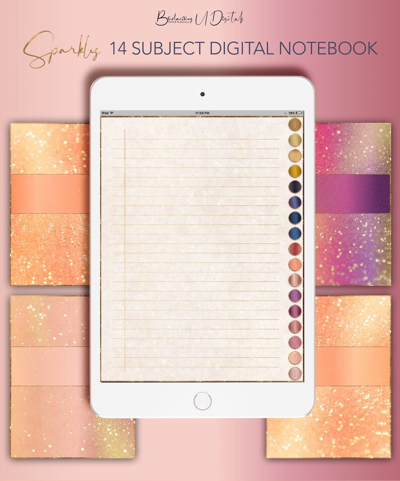 Op de afbeelding: Een digitaal notitieboek met 14 vakken, met een glinsterende, glitterende achtergrond in tinten roze, oranje en paars. Het notitieboek wordt weergegeven op een tabletscherm met een witte achtergrond en gestreept papier.