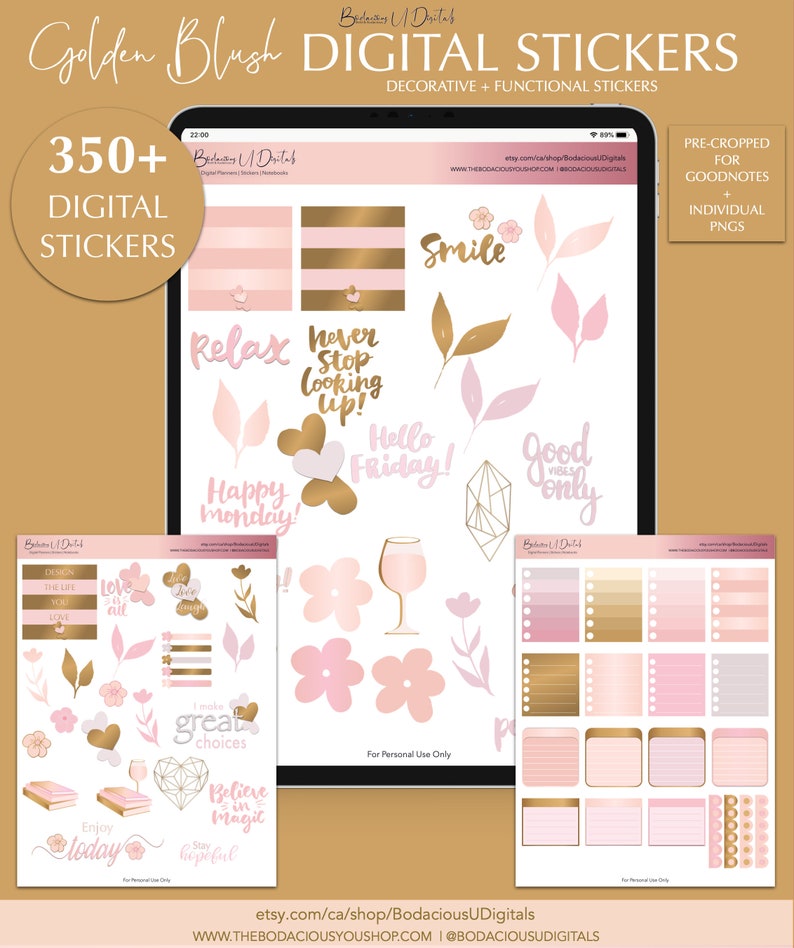 Golden Blush Digital Planner Stickers for Goodnotes Pink | Etsy