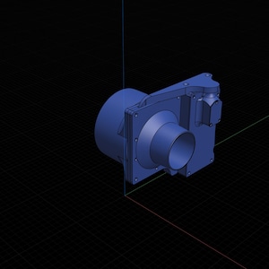 May include: A blue mechanical component with a cylindrical section and a rectangular housing. The design features multiple bolted panels and a nozzle-like opening. The object is rendered in a 3D modeling style.
