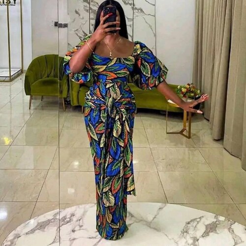 African Print Square Neck Maxi Dress