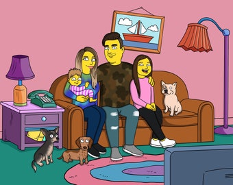 May include: A cartoon illustration of a family with two children, two dogs, and a television set in a living room. The family is sitting on a brown couch with a yellow lamp in the background. The children are sitting on the couch with their parents. The dogs are sitting on the floor in front of the couch. The television set is on a table in front of the couch.