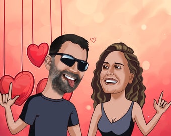 Portrait caricature de la Saint-Valentin, dessin animé à partir d'une photo, portrait de couple, dessin caricature, Saint-Valentin, cadeau pour elle