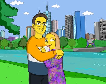 May include: A cartoon illustration of a couple embracing in front of a city skyline. The man is wearing a yellow and blue striped shirt and the woman is wearing a purple and yellow patterned dress. The city skyline is in the background with tall buildings and a river.