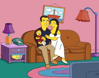 May include: A yellow cartoon family sitting on a brown couch in a living room. The father is holding a baby in his arms, and the mother is sitting next to him. There is a picture on the wall behind them, and a lamp on a table in the foreground.