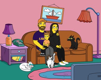 May include: A cartoon illustration of a family with two cats sitting on a brown couch in a living room. The family is made up of a man, a woman, and a child. The man is wearing a purple shirt with the letters "LSU" on it. The woman is wearing a black shirt. The child is wearing a yellow shirt. The cats are black and white. There is a picture on the wall behind the couch. There is a lamp on a table to the left of the couch. There is a television on the floor in front of the couch.