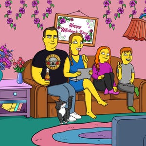 Simpsons-familieportret | Aangepaste cartoontekening | Gepersonaliseerde familiekunst | Portret in Simpson-stijl | Cadeau-idee voor Moederdag