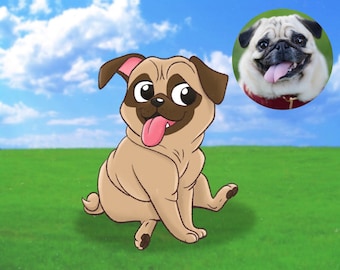 Pet Portrait - Personalized Custom Illustration, Cartoon Animal Art, Unique Pug Portrait, Perfect Gift for Pet Lovers