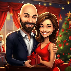 Custom Cartoon Caricature Portrait | Couple Cartoon Drawing| Unique Christmas Gift | Personalized Christmas Portrait