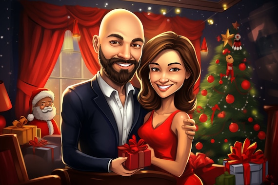 Custom Cartoon Caricature Portrait | Couple Cartoon Drawing| Unique Christmas Gift | Personalized Christmas Portrait