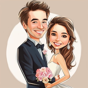Retrato de caricatura: ilustración personalizada de pareja de novios, regalo de boda único, arte de dibujos animados divertido para parejas