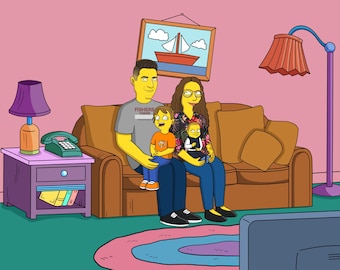 May include: A cartoon illustration of a family of four sitting on a yellow couch in a living room. The father is wearing a grey t-shirt with the text "FISHERS TIGERS" on it. The mother is wearing a floral shirt and blue jeans. The two children are wearing orange and blue shirts. The family is watching television.