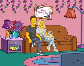 May include: A cartoon illustration of a couple sitting on a brown couch with a small white dog. The man is wearing a black shirt and the woman is wearing a grey shirt. The couch is in front of a pink wall with purple flowers hanging from the ceiling. The text "Happy Mother's Day" is on a framed picture hanging on the wall.