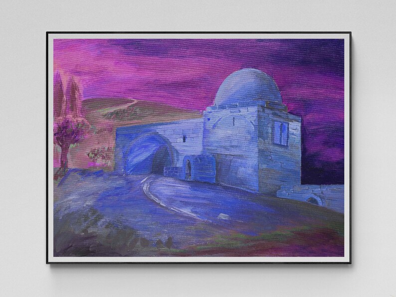 Pode incluir: Uma pintura de um edif&iacute;cio de pedra com um telhado abobadado, sobre um c&eacute;u roxo e rosa. O edif&iacute;cio &eacute; rodeado por um caminho e &aacute;rvores.