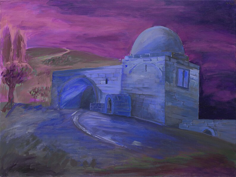 Pode incluir: Uma pintura de um edif&iacute;cio de pedra com um telhado abobadado, contra um c&eacute;u roxo. O edif&iacute;cio tem um grande arco e uma janela. A cena &eacute; pintada em tons de azul e roxo.