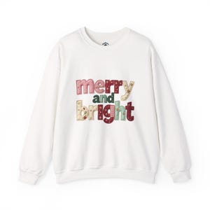 Faux mix and match patchwork Merry and Bright sweatshirt | Christmas holiday lettering crewneck