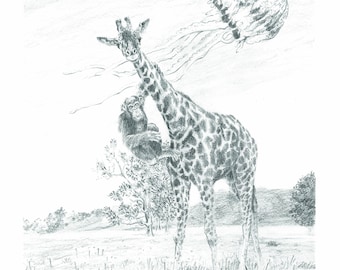 Cahokia - Dibujo surrealista a lápiz de una jirafa, un chimpancé y una medusa
