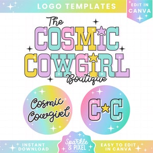 Cosmic Retro Western Logo Design Canva Templates - Customizable Rainbow Logo Design Instant Download
