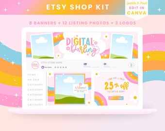 Regenbogen Etsy Shop Kit Vorlagen - Sofortiger Zugriff Einfach zu bearbeitende Banner, Logos, Auflistung von Fotos