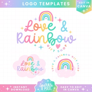 Pastel Rainbow Logo Design Templates - Customizable Rainbow Logo Canva Templates Instant Download