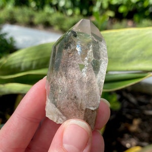 Small Lodalite Quartz Point, Clear Quartz Crystal with Light Purple and Green Chlorite Inclusions from Shaba Zaire, Katanga
