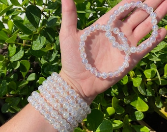 EEN 8 mm 7,5" Angel Aura vuur- en ijskwartskristal stretcharmband, gebarsten kwartskristal stretcharmband