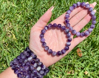 ONE All Natural 10mm 7.5" Chevron Amethyst Stretch Bracelet, Crystal Healing Bracelet