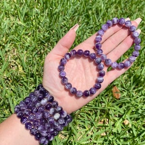 ONE All Natural 10mm 7.5" Chevron Amethyst Stretch Bracelet, Crystal Healing Bracelet