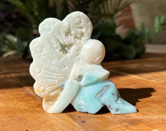 All Natural Carved Caribbean Blue Calcite Crystal Fairy with Druzy Quartz Pocket
