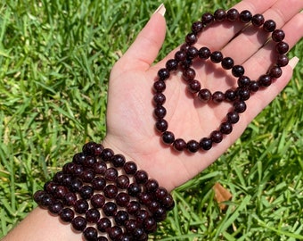 ONE All Natural 8mm 7.5" Red Garnet Stretch Bracelet, Crystal Healing Bracelet
