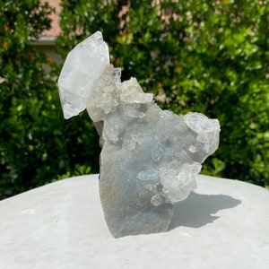 Apophyllite Crystal Formation on Druzy Chalcedony, Sculptural Zeolite Mineral Specimen with Quartz and Apophyllite from Maharashtra, India