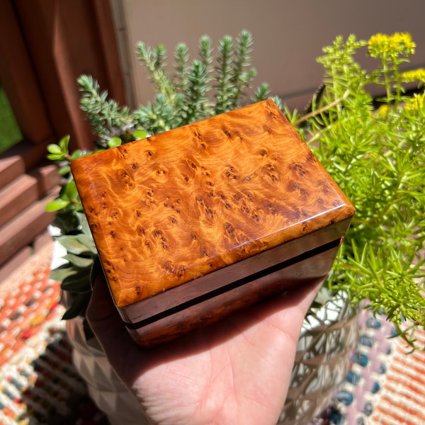 Stunning Thuya Wooden Storage Box with Attached Lid from Morocco, Jewelry Trinket Box, Crystal Storage Box