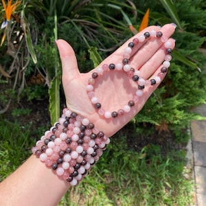 ONE All Natural 8mm 7.5&quot; Rose Quartz, Strawberry Quartz, and Red Garnet Crystal Stretch Bracelet, Heart Chakra Bead Bracelet