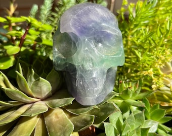 All Natural Hand Carved Rainbow Fluorite Crystal Skull, Purple And Green Fluorite Carving