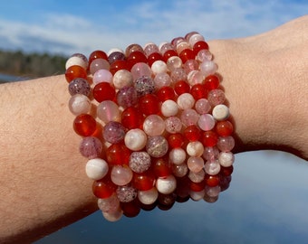 EIN All Natural 8mm oder 6mm 7,5" Karneol x Kirschblüten Achat x Erdbeerquarz Kristall Stretch Armband