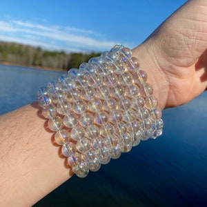 ONE High Grade 10mm 7.5&quot; Angel Aura Quartz Crystal Stretch Bracelet