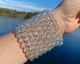 ONE High Grade 10mm 7.5" Angel Aura Quartz Crystal Stretch Bracelet