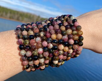ONE All Natural 6mm 7.5" Watermelon Tourmaline Crystal Stretch Bracelet