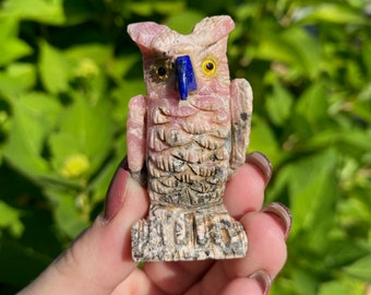 2.25" All Natural Hand Carved Rhodochrosite Crystal Owl with Lapis Lazuli Beak