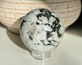 Polished Rainbow Moonstone Crystal Sphere with Green Tourmaline and Aquamarine