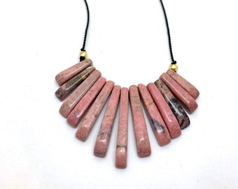 Necklace Rhodochrosite necklace on silk cord, geometric, pink, neutral, multi stone, lightweight, modern, gift, minimalist