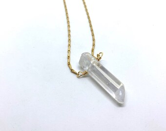 Necklace clear quartz crystal pendant necklace on gold chain, geometric, neutral, clear crystal, lightweight, modern, gift, minimalist