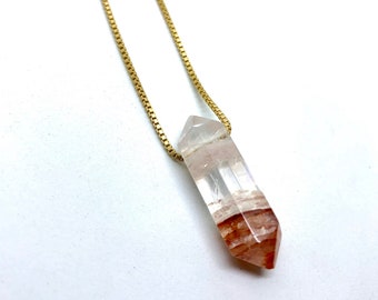 Necklace Red quartz crystal pendant necklace on box chain, gold, geometric, neutral, multicolor, lightweight, modern, gift, minimalist
