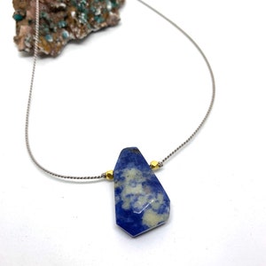 Necklace Sodalite on silk cord adjustable necklace, geometric, neutral, blue, lightweight, modern, gift, minimalist