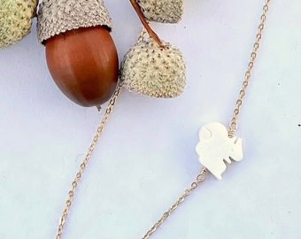 Squirrel necklace, brass mother of pearl necklace, carved mop necklace, modern necklace, squirrel gift, birthday gift, gold mop necklace