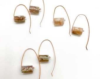 Earrings, pink opal & flower agate, copper, brass, geometric, neutral, pink, lightweight, modern, gift, minimalist