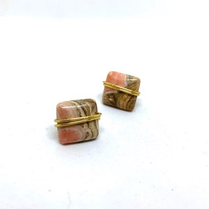 Earrings Pink agate stud earrings, gold, geometric, neutral, brown, multicolor, lightweight, modern, gift, minimalist