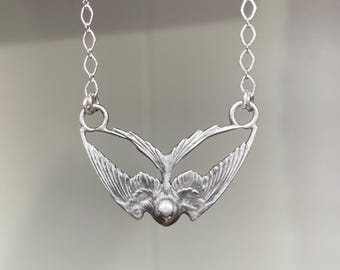 Silver swallow necklace, sterling silver bird pendant, bird necklace, nature jewelry, antique style necklace, swallow necklace